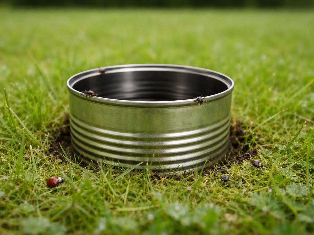 Boîte cylindrique sans fond enfoncée dans le gazon, quelques insectes visibles indiquant une infestation