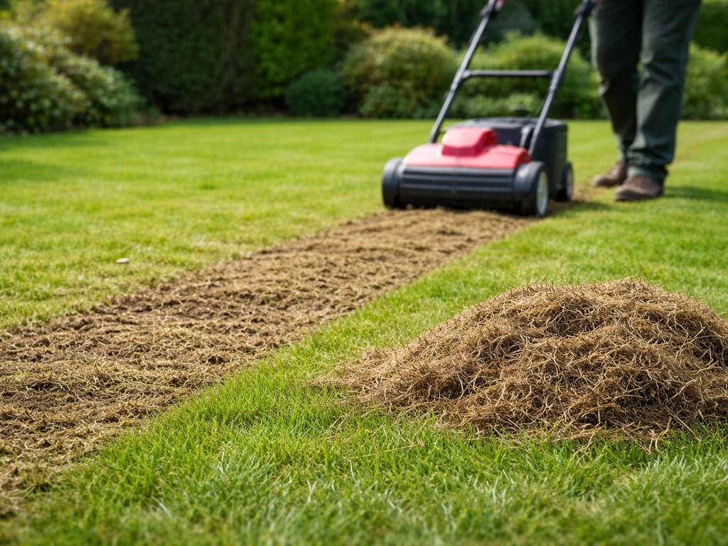 Pelouse scarifiée au printemps avec chaume brun retiré, près d’une scarificatrice.