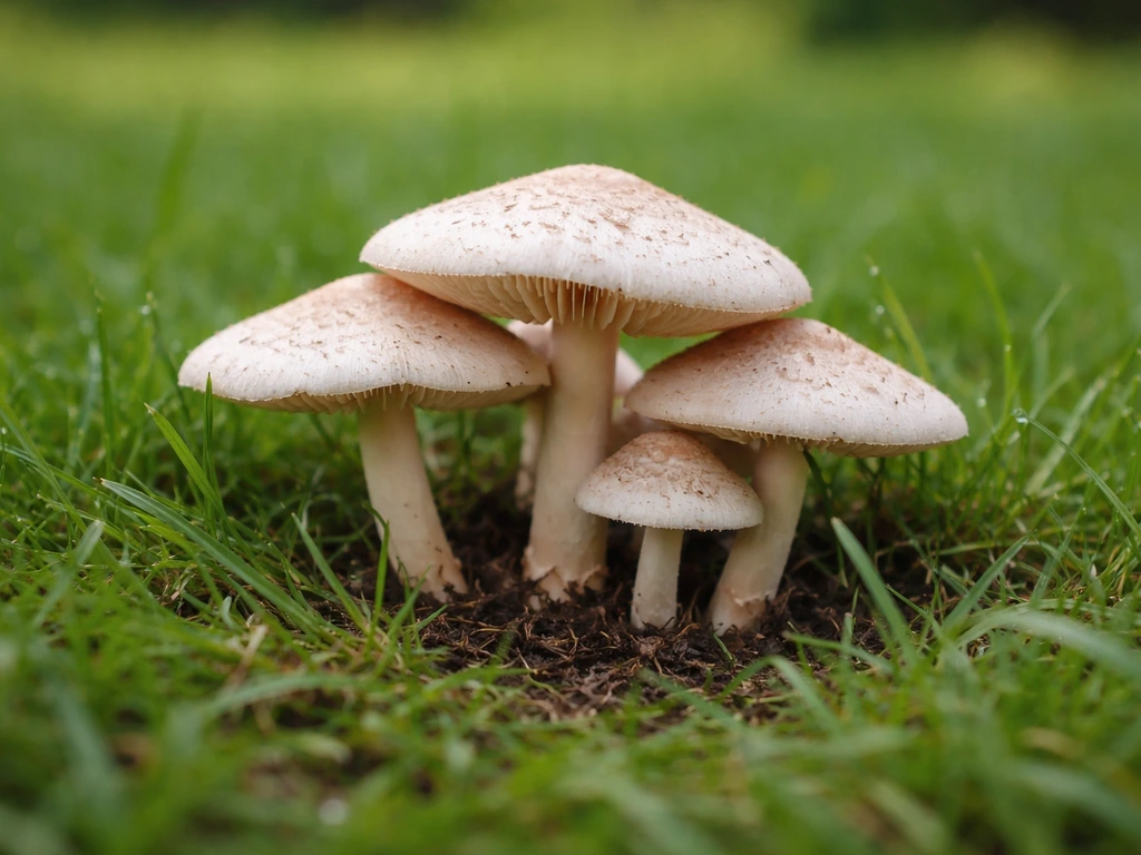 Gros plan de champignons blancs de pelouse sur l’herbe, chapeau et lamelles visibles, lumière naturelle.