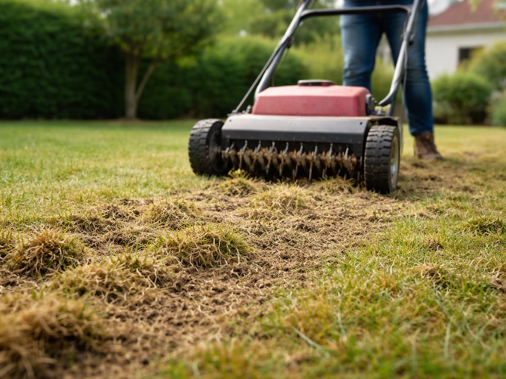 Scarification et aération d’une pelouse : chaume et mousse visibles après passage du scarificateur.