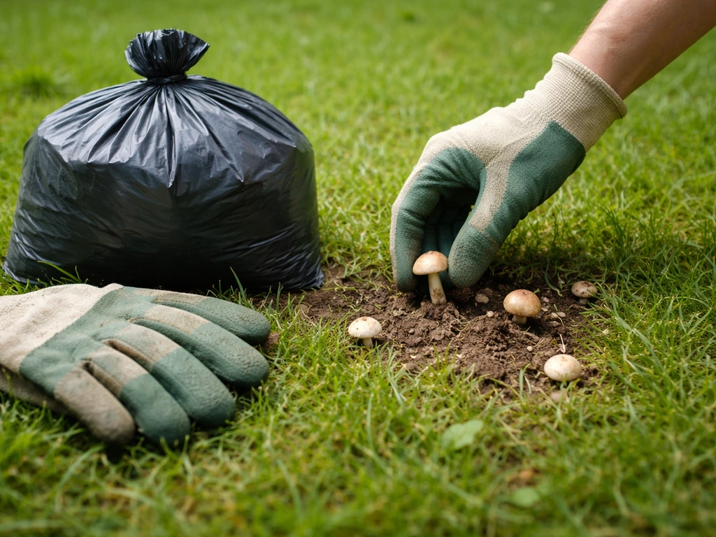 Gants et sac fermé sur une pelouse, ramassage prudent de champignons visibles près du sol.