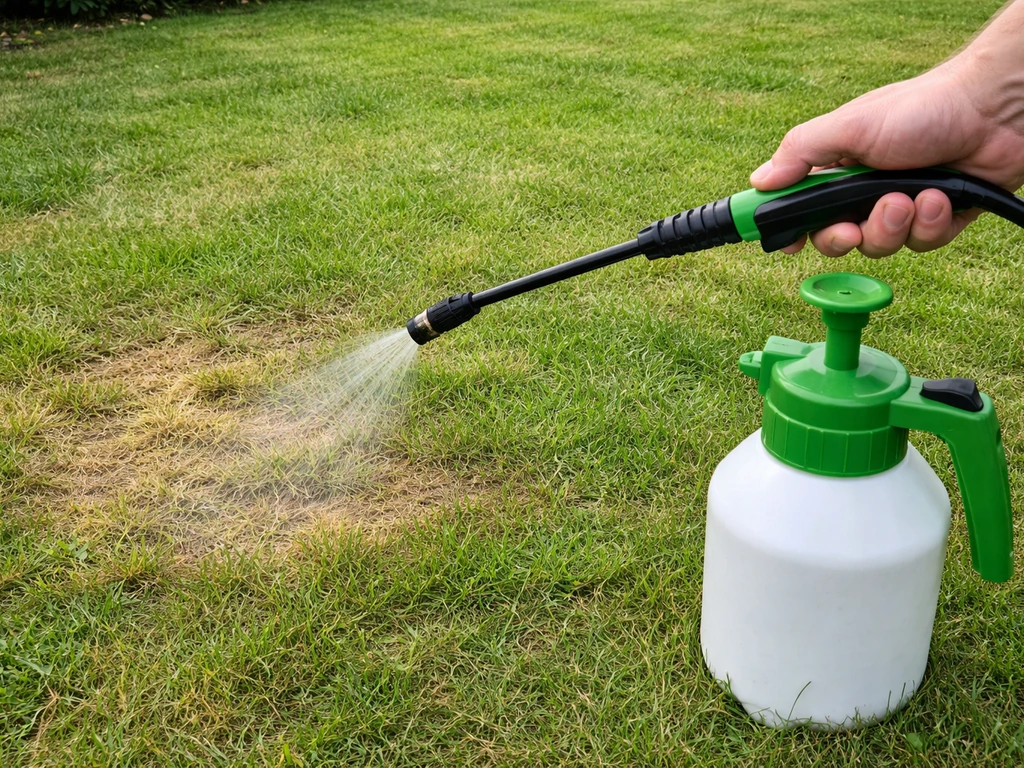 Pulvérisateur à main appliquant un traitement fongicide localisé sur un gazon clairsemé, au jardin.
