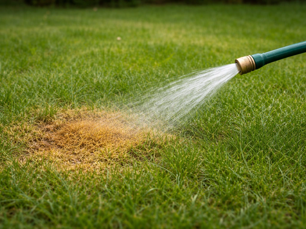 Tache jaune-brune d’urine humaine sur pelouse avec herbe brûlée, arrosage visible au tuyau