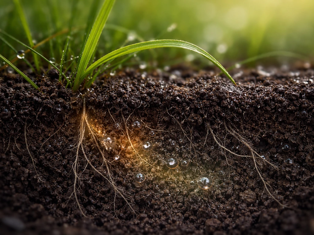 Coupe photo réaliste d’herbe et sol avec racines, bulles suggérant azote, sels et pH près de la zone brûlée.