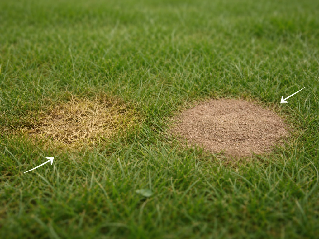 Pelouse avec deux taches jaunes et brunes différentes, indices visuels suggérant urine, champignon et sécheresse.
