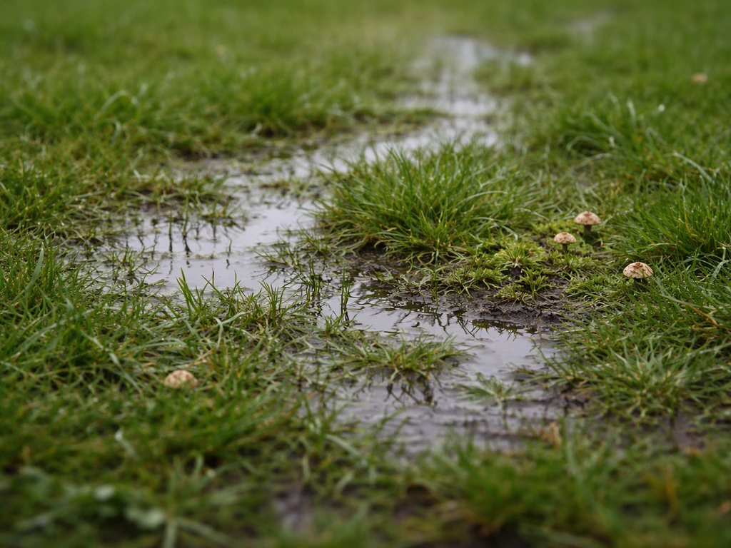 Sol de pelouse humide et compacté avec traces d’eau stagnante entre l’herbe, ambiance favorisant les champignons.
