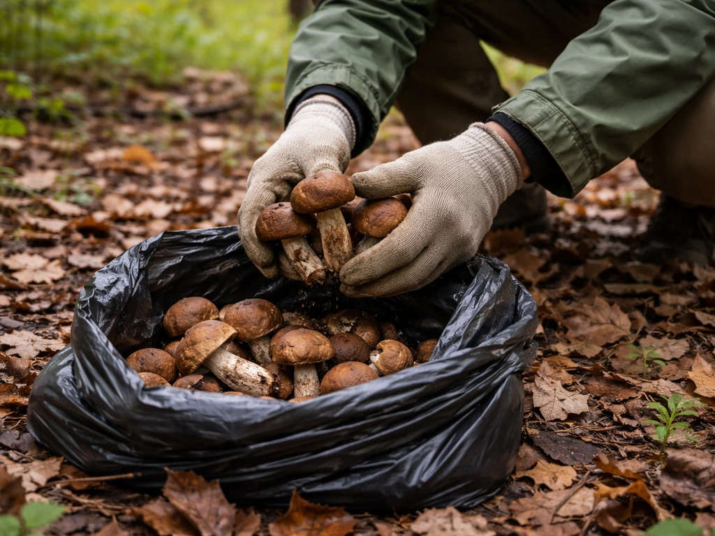 Des champignons marron ramassés par une personne gantée, placés dans un sac poubelle en sous-bois.