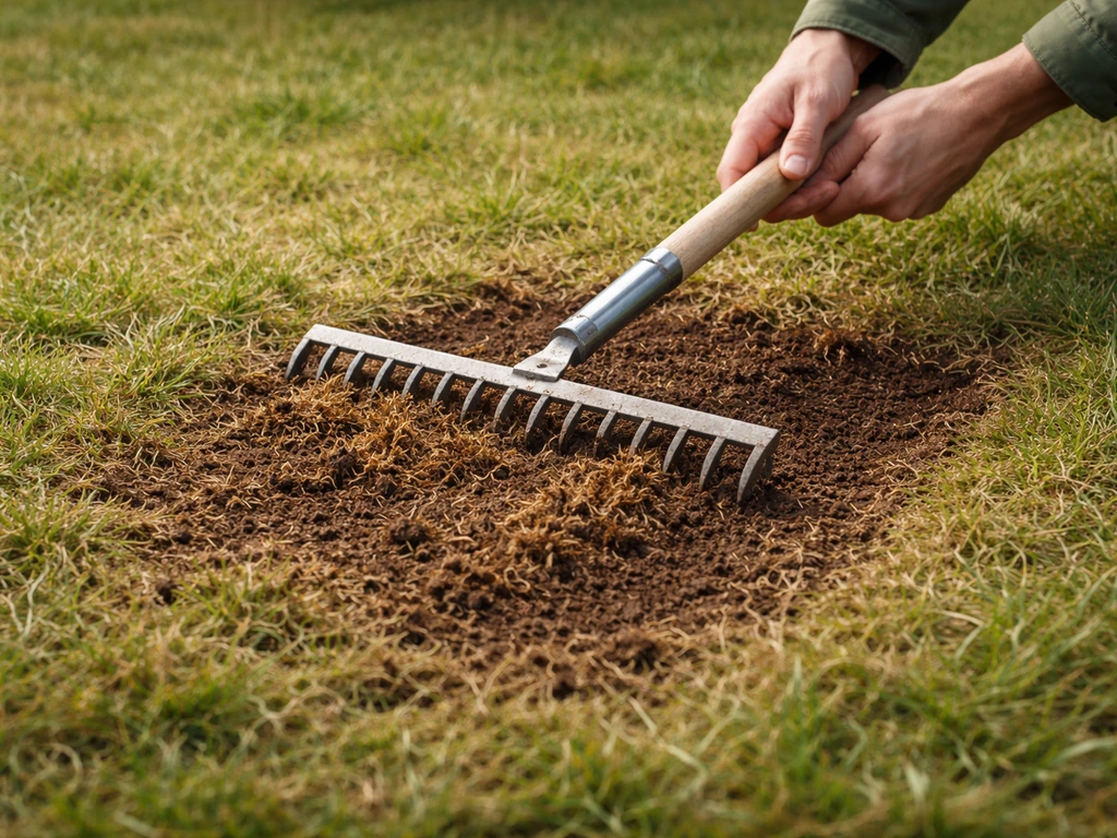 Mains utilisant un râteau scarificateur sur une zone de pelouse pour aérer le sol et enlever le chaume.