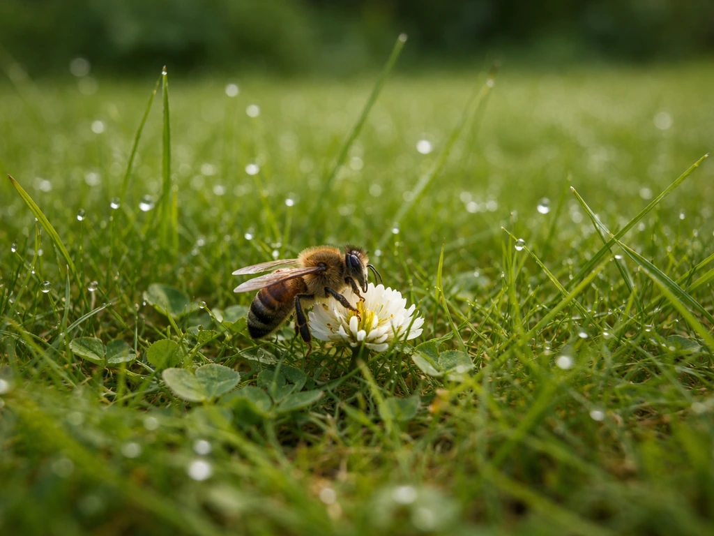 Abeille posée sur une fleur au milieu d’une pelouse verte, ambiance jardin naturelle en lumière du jour.