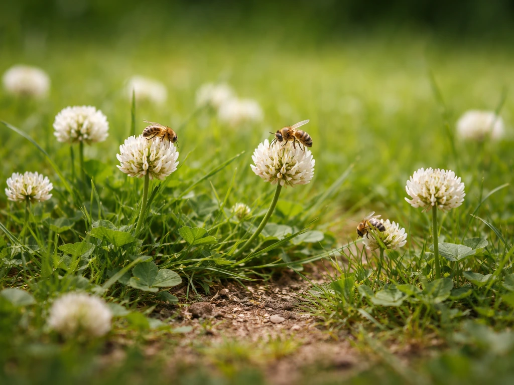 Trèfle blanc dans une pelouse avec des abeilles butinant et un sol visible entre l’herbe.