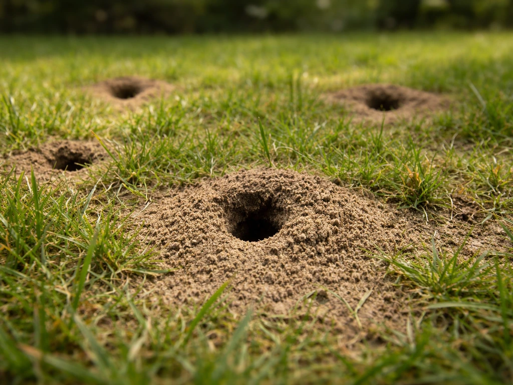 Gros plan d’un nid au sol dans une pelouse : petits trous et monticule de terre fine.