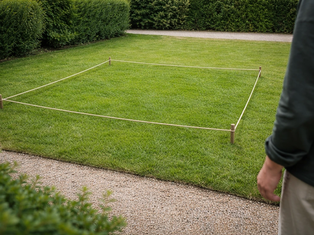 Pelouse délimitée par une corde, personne anonyme observe calmement à distance dans un jardin.