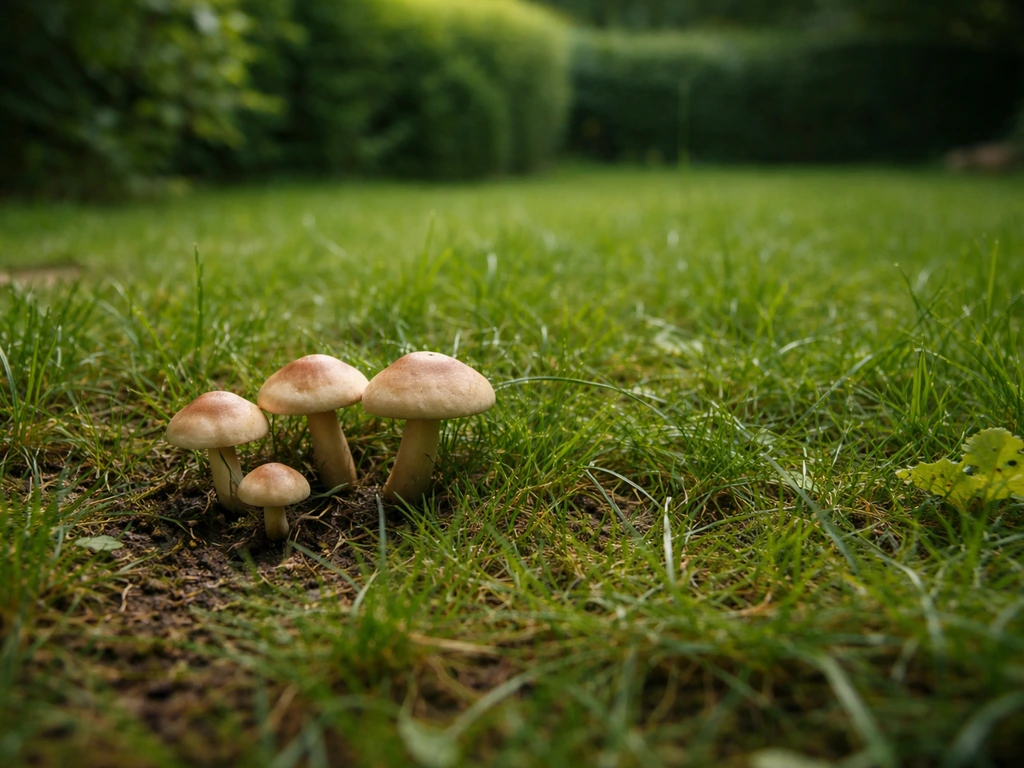 Pelouse humide de jardin avec quelques champignons visibles au ras de l’herbe, aspect feutre discret.