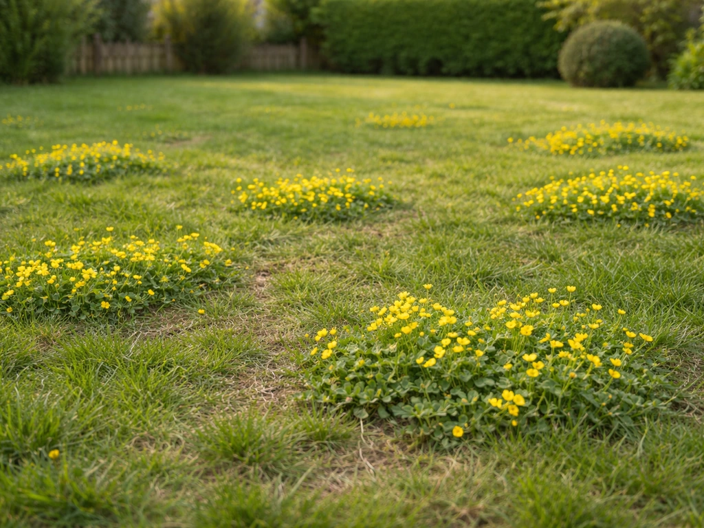 Pelouse de jardin avec plusieurs taches de fleurs jaunes envahissantes au milieu de l’herbe.