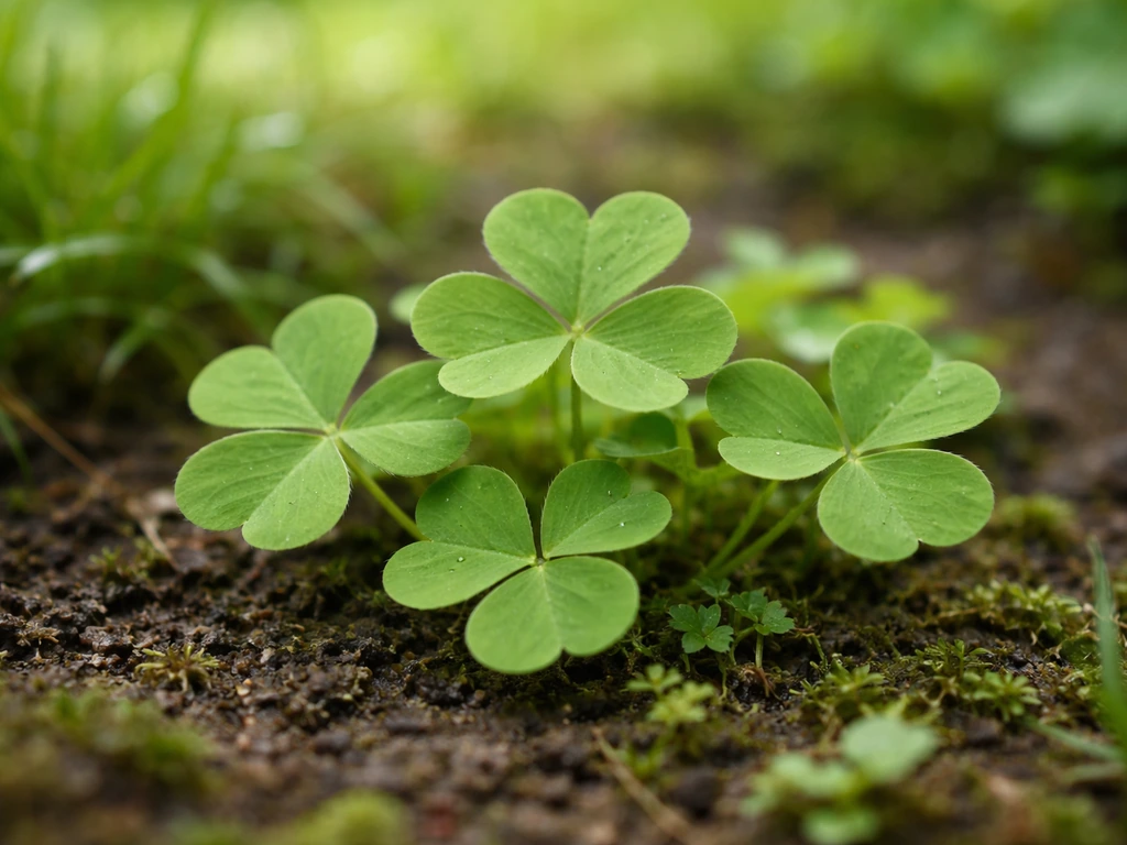 Feuilles à trois folioles en forme de cœur, fond de jardin flou, pour reconnaître l’oxalis sans confusions.