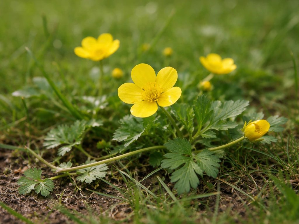 Plan rapproché d’une renoncule rampante en fleurs, avec tiges rampantes visibles dans une pelouse.
