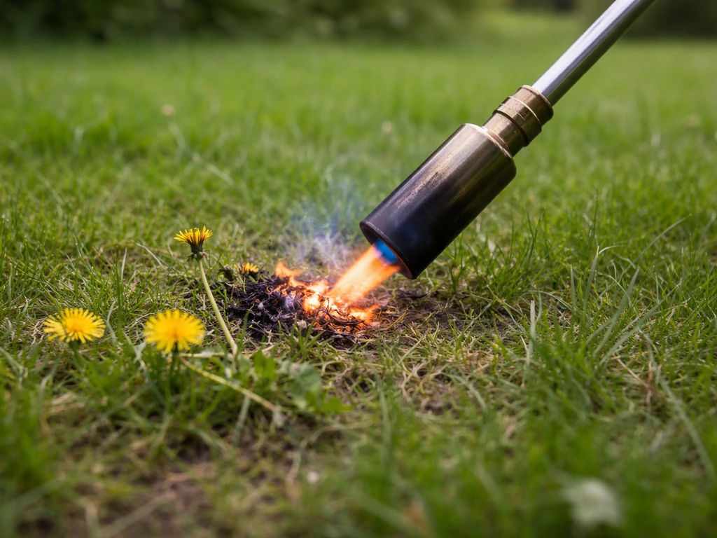 Désherbage thermique sur une pelouse, brûleur appliqué près de taches de fleurs jaunes.