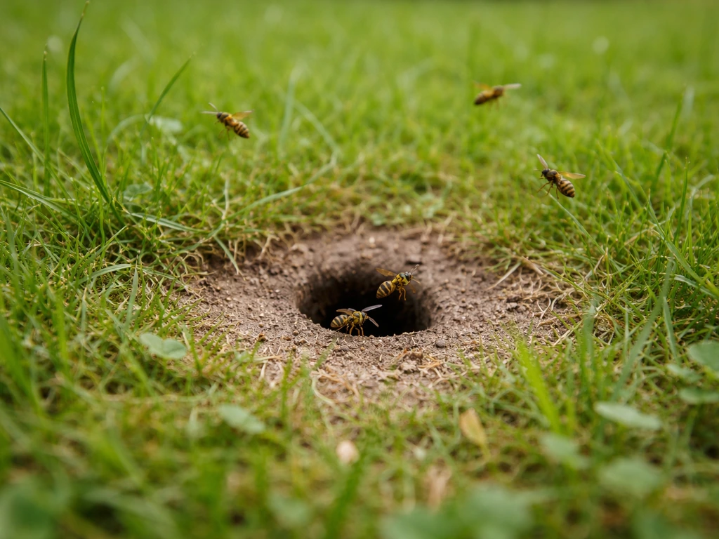 Petit orifice de nid de guêpes au ras du sol dans une pelouse, avec guêpes visibles près de l’herbe.