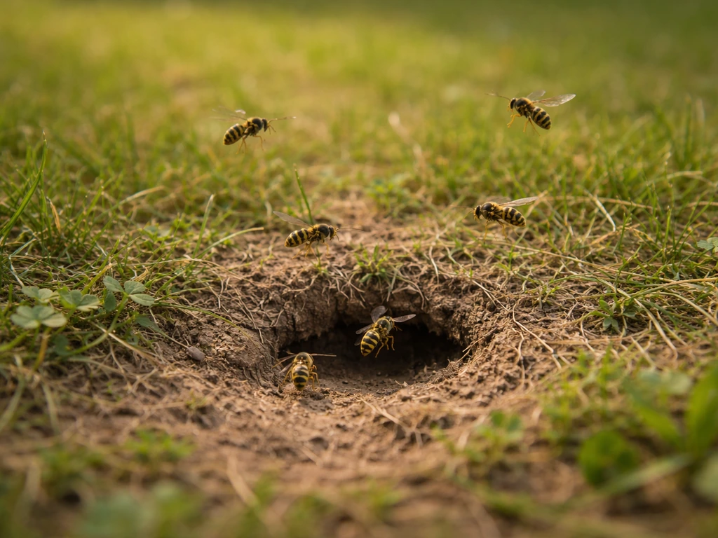 Gros plan sur une petite entrée au sol dans la pelouse, avec des guêpes qui reviennent au même endroit.