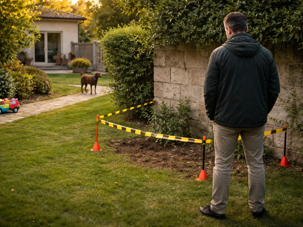 Dans un jardin, un adulte vérifie une zone sécurisée à distance, avec chien tenu et périmètre délimité.