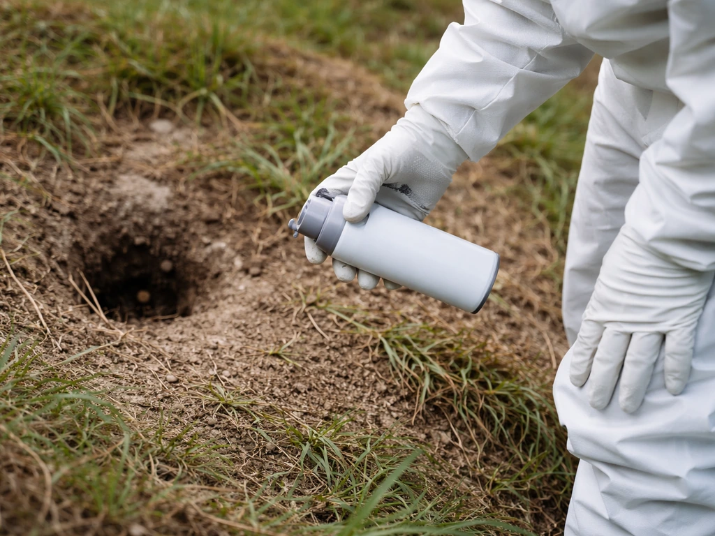 Personne en combinaison et gants, tenant un insecticide pour traiter un nid de guêpes au sol.
