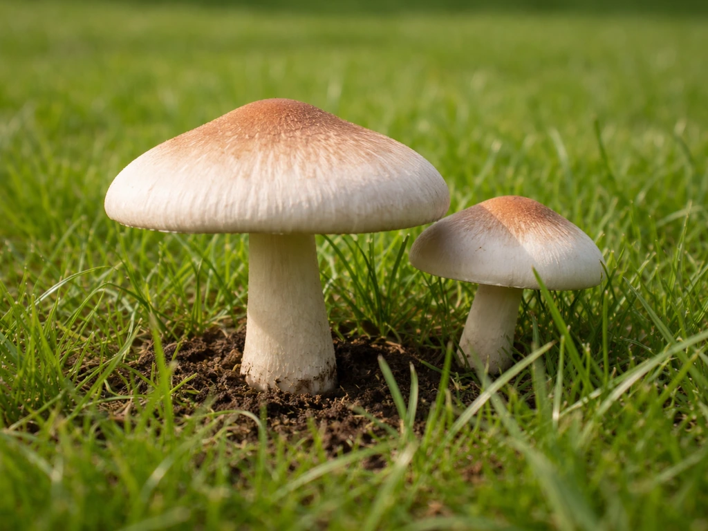 Champignons de pelouse au premier plan, chapeau et pied visibles, sur un gazon vert en arrière-plan flou