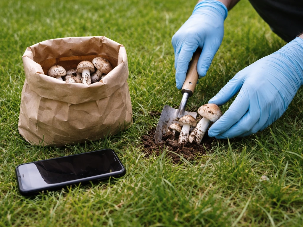 Personne portant des gants ramassant des champignons dans une pelouse, avec photo préalable prête à capturer les détails
