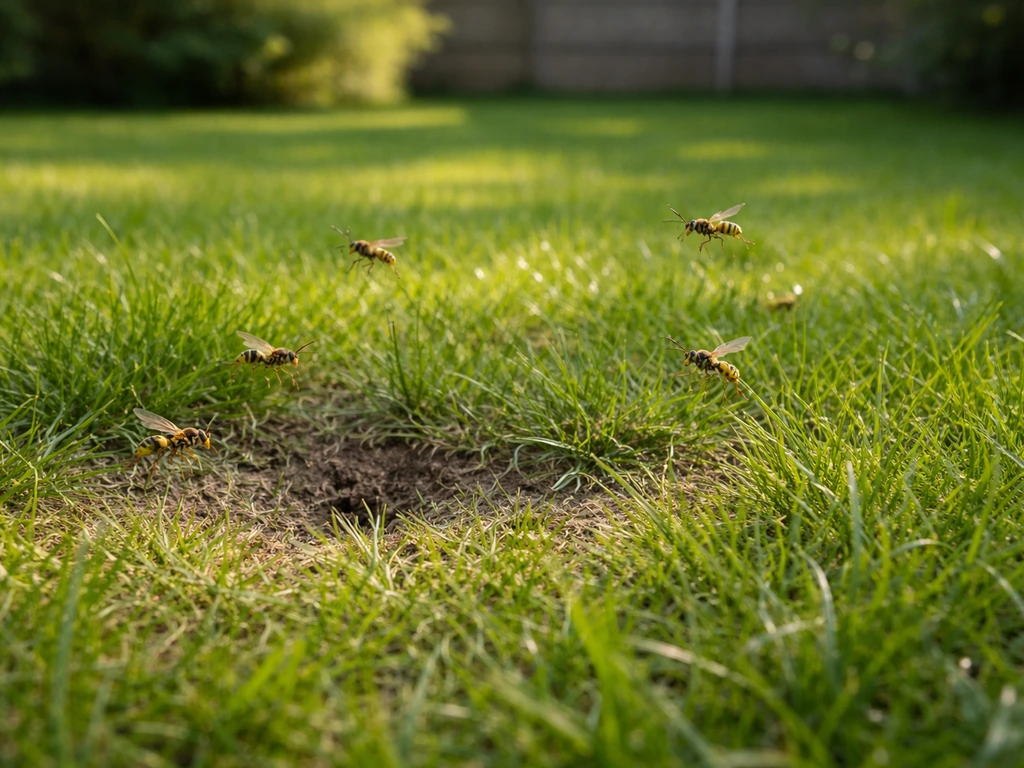 Des guêpes volent près du sol d’une pelouse de jardin, ambiance de prévention en extérieur.