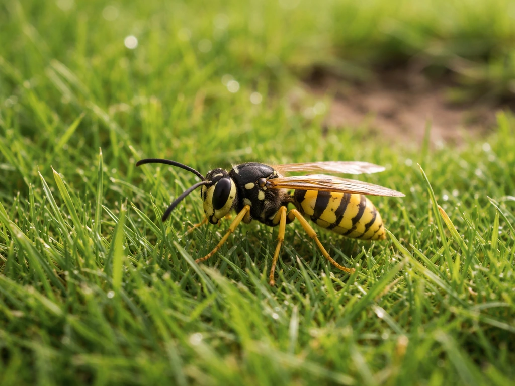 Guêpe posée sur une pelouse verte, avec quelques insectes discrets au fond, près d’une zone de sol.