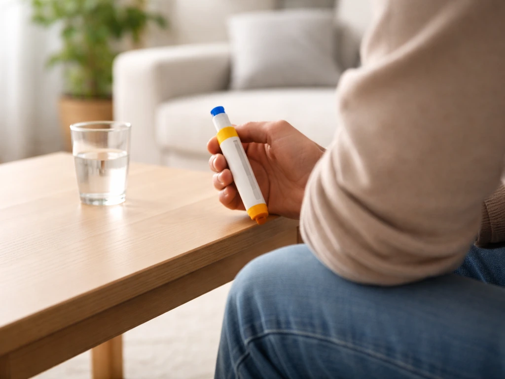 Adulte anonyme assis, stylo d’adrénaline auto-injectable près de lui sur une table, ambiance neutre et urgente.