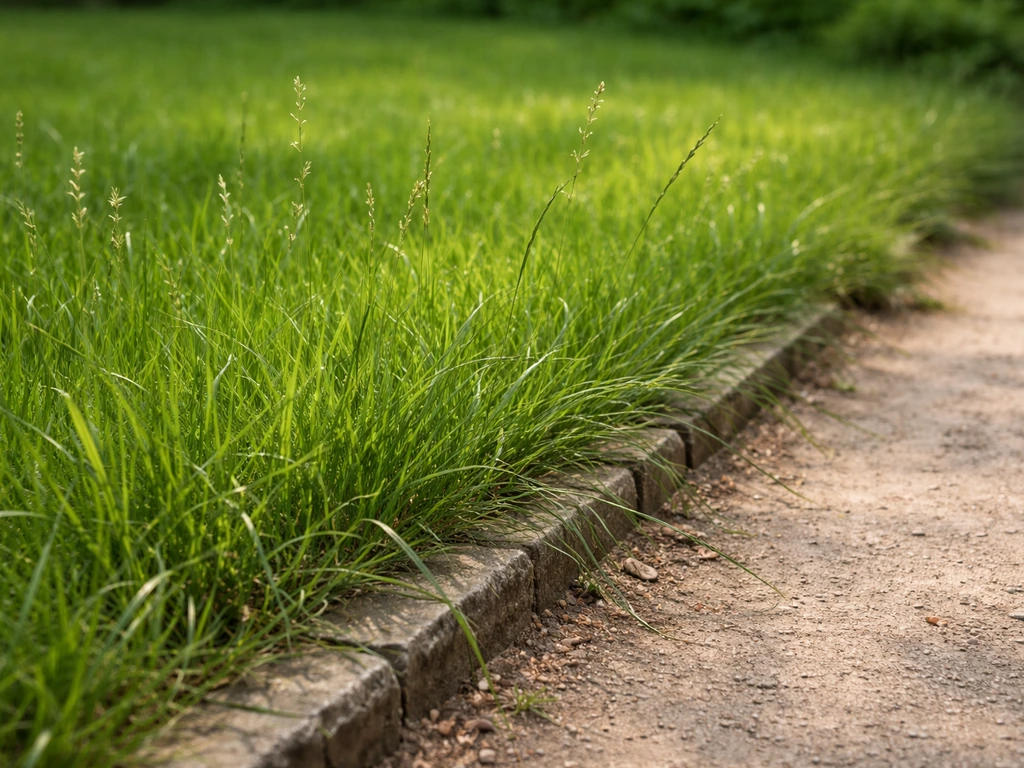 Pelouse en partie trop haute, bord de jardin marqué, graines qui débordent légèrement après une tonte insuffisante.