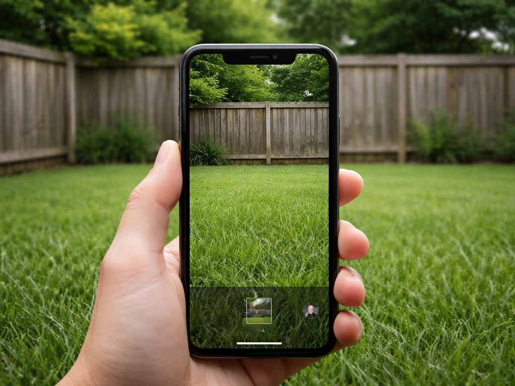 Plan rapproché d’une pelouse et d’une clôture, prise de notes discrète sur smartphone avec photo datée.