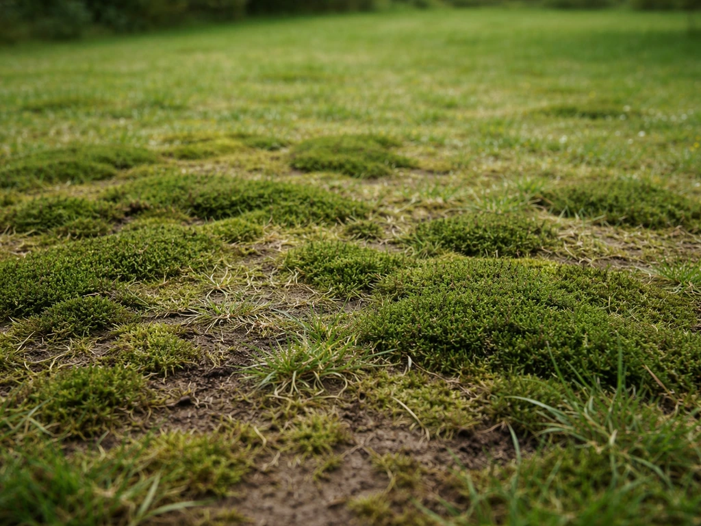Pelouse partiellement envahie par de la mousse, herbe encore visible en arrière-plan