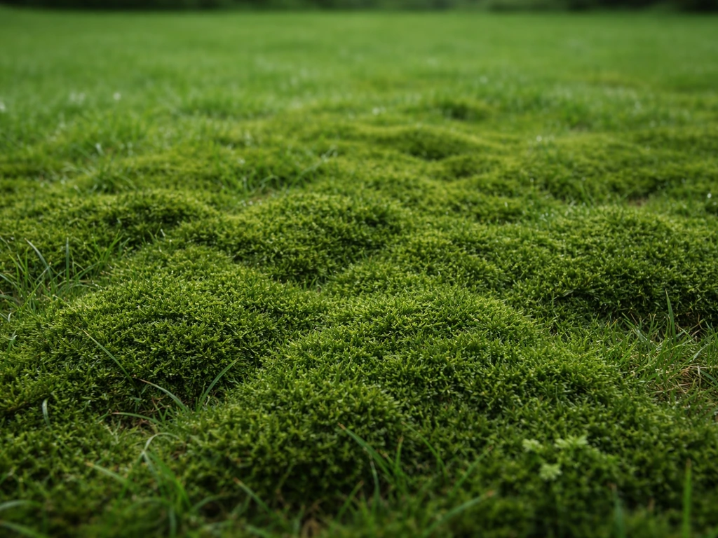 Gros plan sur un tapis de mousse vert feutré qui s’étend sur la pelouse, texture spongieuse visible.