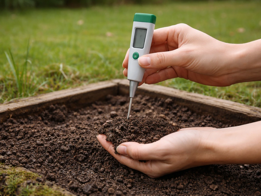 Jardin potager : test du pH du sol avec pH-mètre tenu au-dessus d’une poignée de terre, lumière naturelle.
