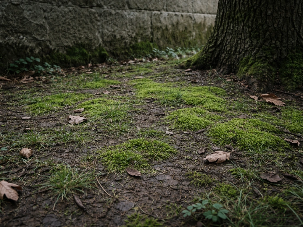 Zone de pelouse très ombragée : herbe clairsemée et mousse dominante au pied d’un mur et d’un arbre.