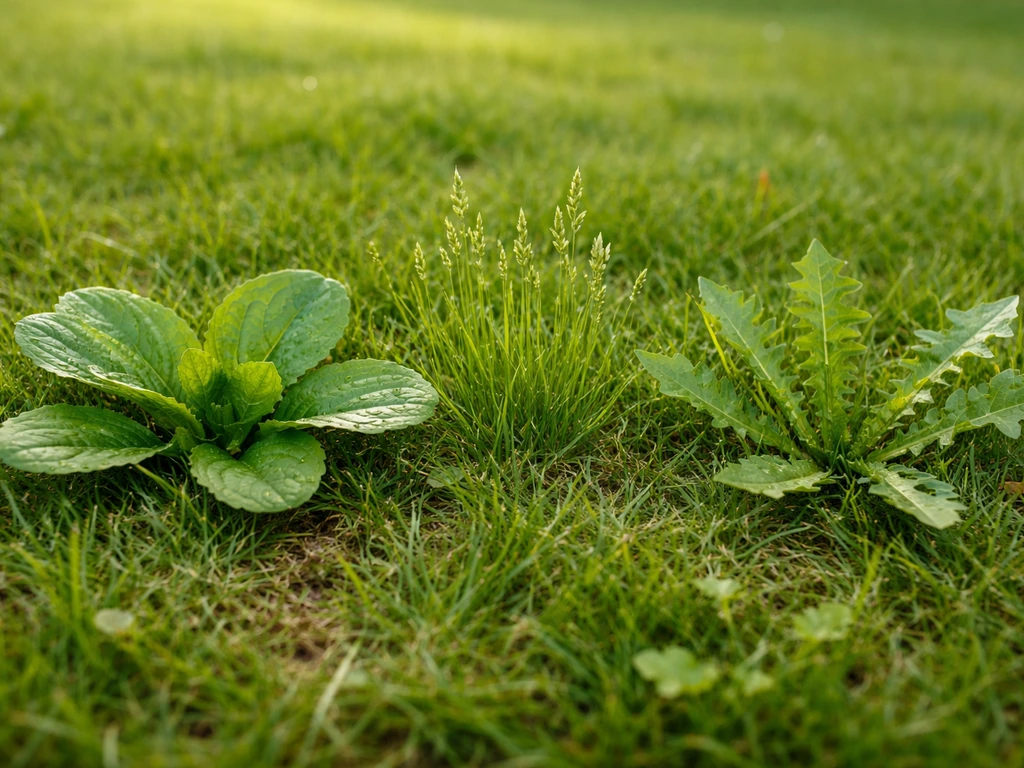 Plan rapproché d’une pelouse avec trois types d’adventices visibles : feuilles larges et graminées, pour aider à les dis