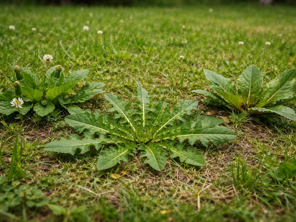 Pelouse française avec rosettes de pissenlit et petites herbes invasives visibles au ras du sol.