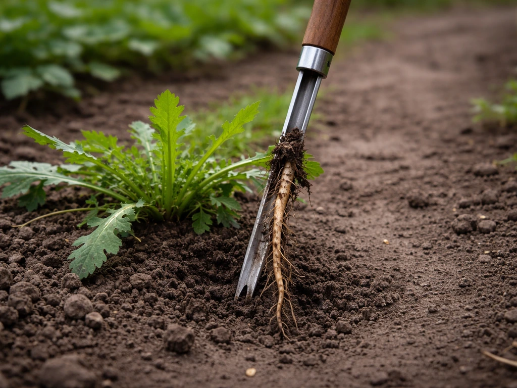Gouge à désherber plantée dans la terre, racine pivotante de pissenlit extraite avec la terre.