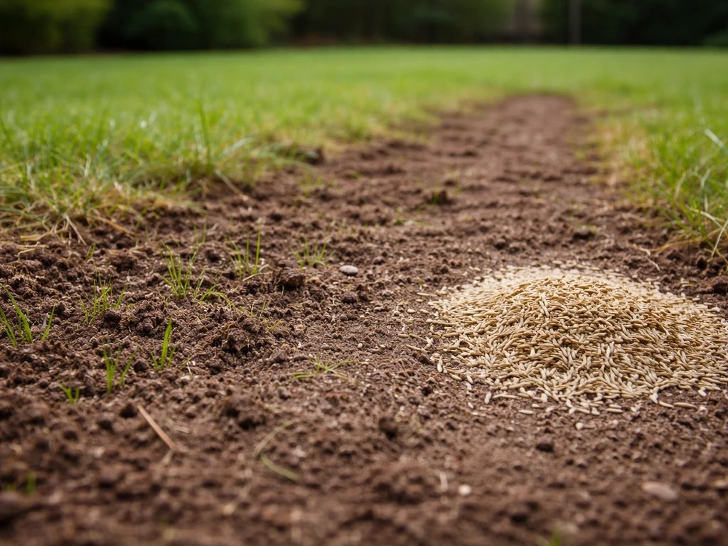 Zone de pelouse grattée après scarification avec semences et jeunes pousses visibles, jardin résidentiel.