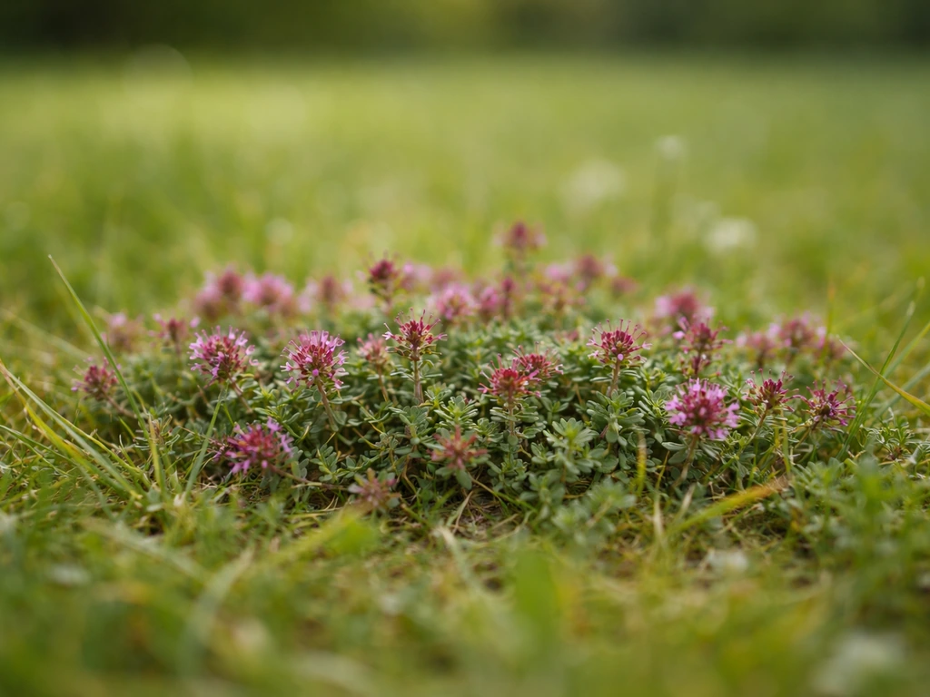 Thym serpolet rouge tapissant une pelouse, fleurs rouge vif entre les brins d’herbe.