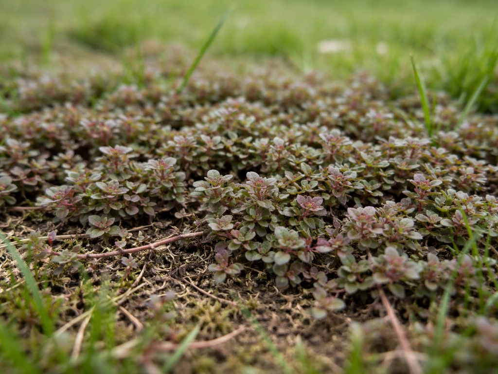 Gros plan d’un tapis de thym serpolet rouge dans la pelouse, tiges rampantes et petites feuilles.