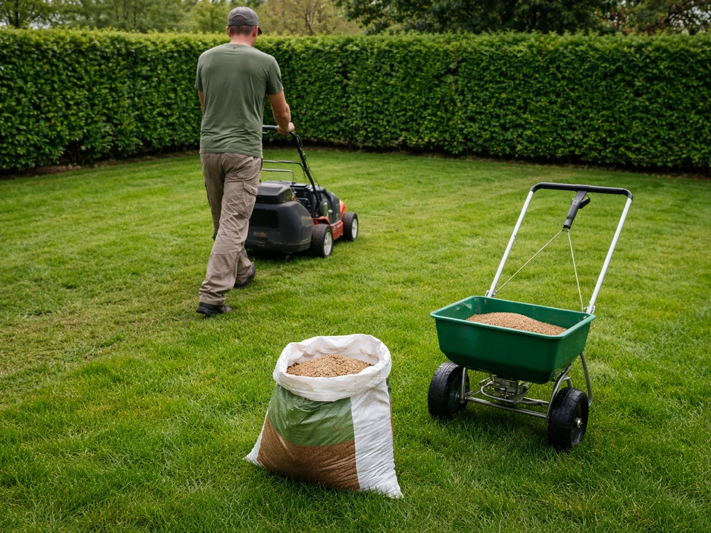 Jardinier tonde une pelouse à 5–6 cm, puis prépare le sursemis pour densifier le couvert végétal.
