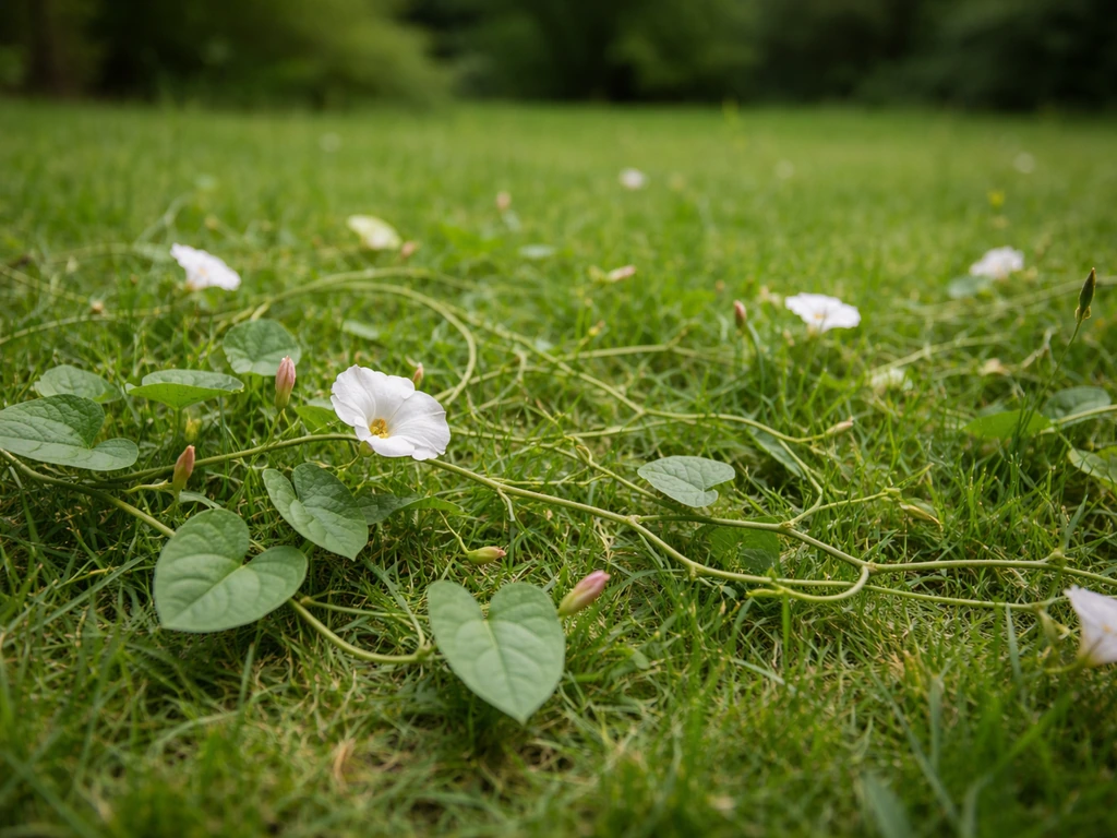 Gazon envahi de liserons, tiges rampantes et fleurs visibles en gros plan.