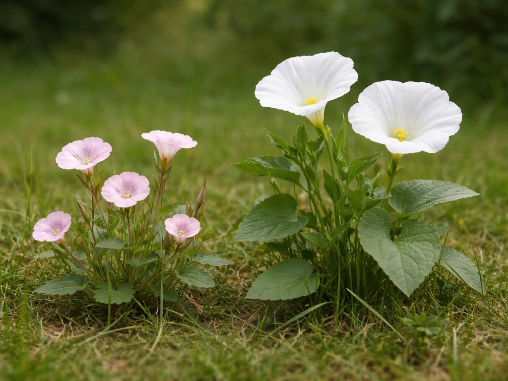 Deux liserons de pelouse sur fond de terre : liseron des champs à petites fleurs et liseron des haies à grandes fleurs b