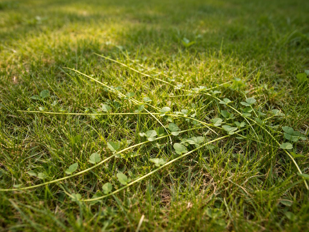 Pelouse avec tiges rampantes fines évoquant du liseron, vue au ras du sol, jardin minimal.