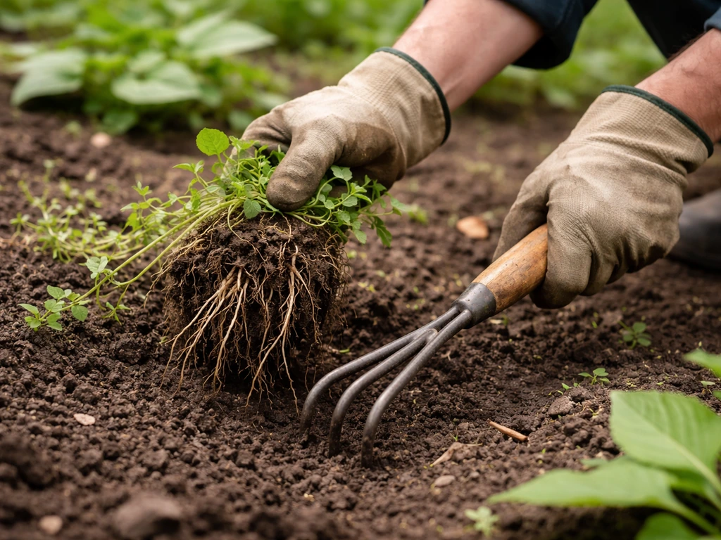 Main portant une petite griffe désherbante retire une plante grimpante, avec fragments de rhizomes visibles