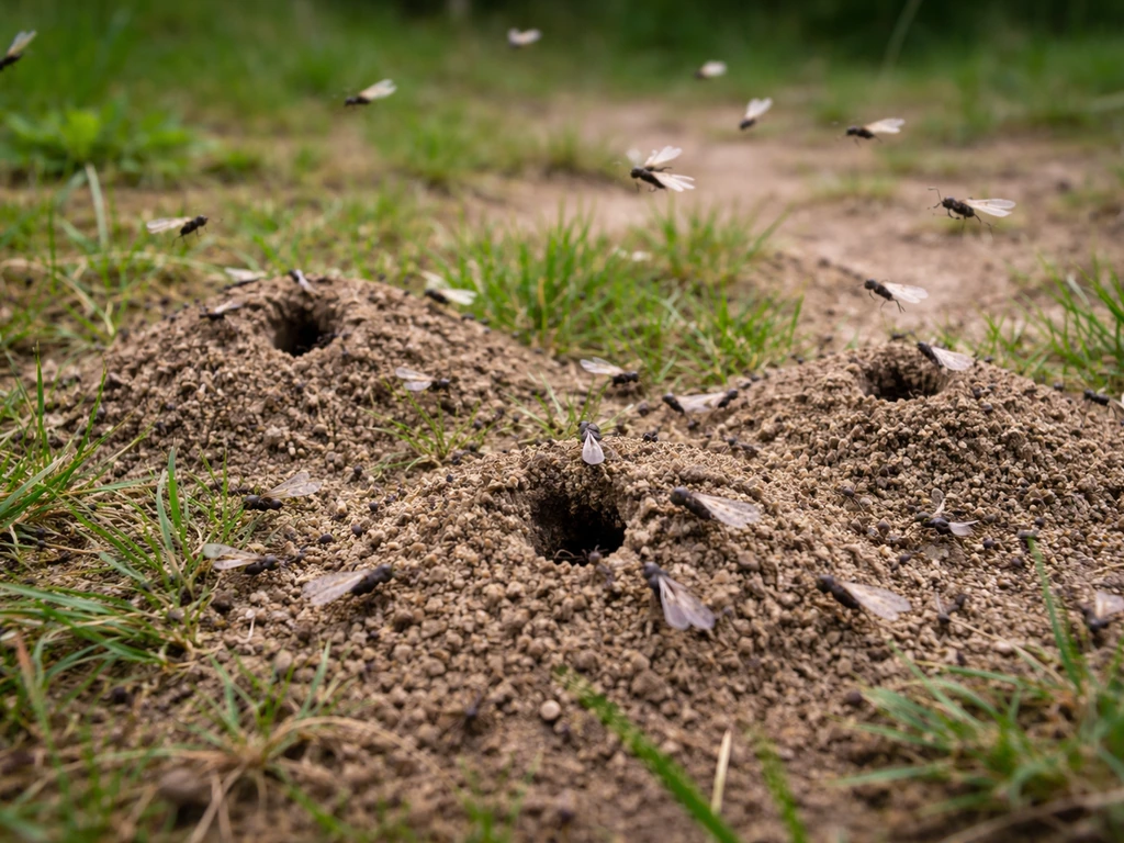 Monticules et entrées de nid dans la pelouse avec des fourmis volantes autour, vue au ras du sol.