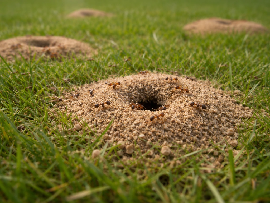 Gros plan de monticules de terre et petits trous ronds dans la pelouse avec des fourmis rouges visibles.