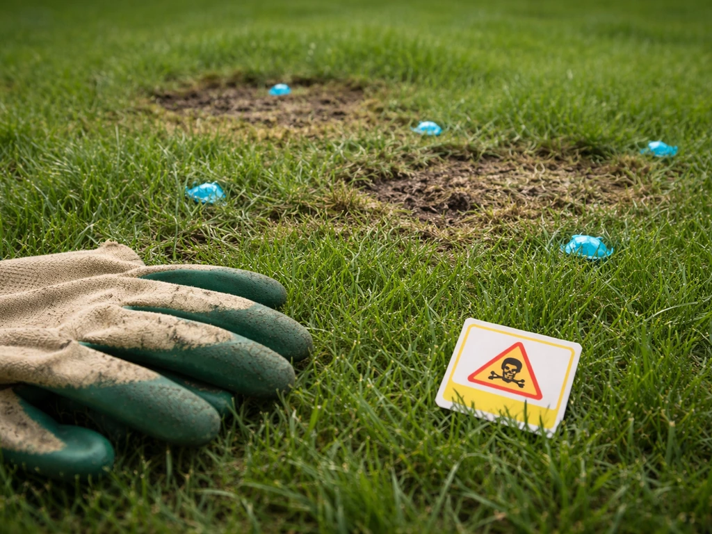 Gels appâts posés en points autour de zones infestées sur une pelouse, avec gants et étiquette de précaution.